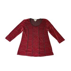 Dressbarn Y2K Whimsigoth Red Sheer Burnout Velvet 3/4 Sleeve Shirt SZ Large